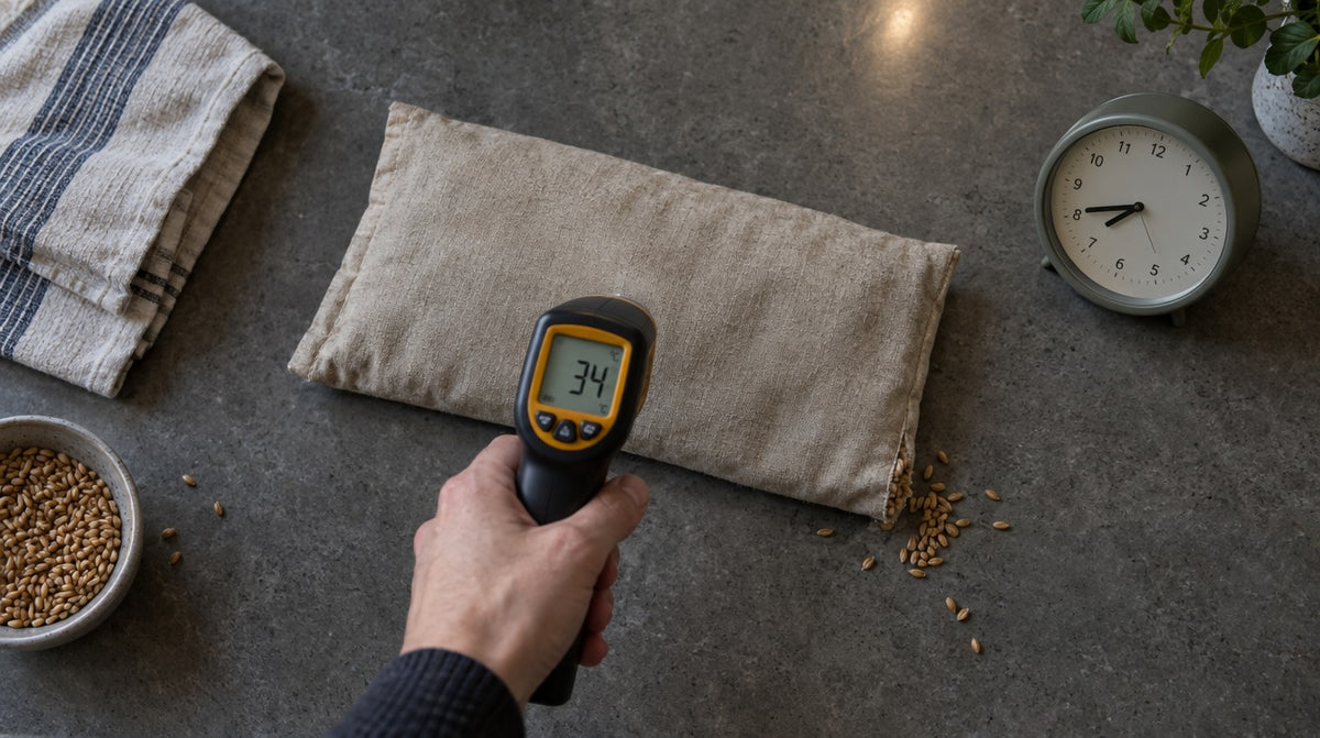 A thermometer reading 34 on a wheat bag ten minutes after the microwave