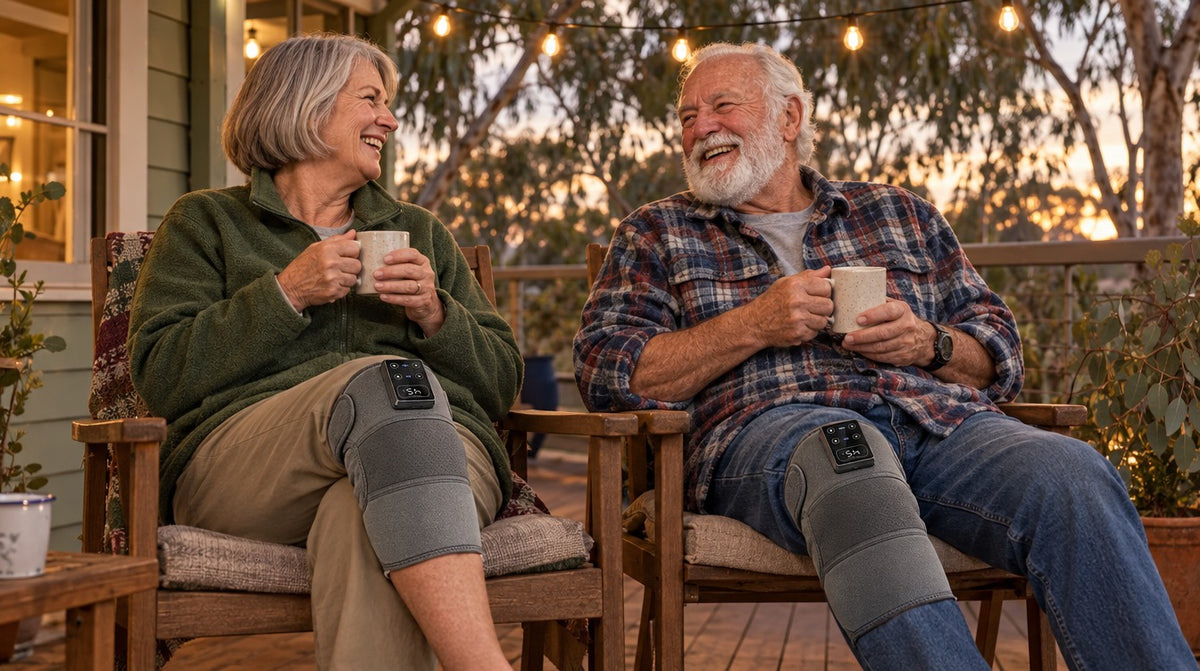 Two neighbours on a verandah, each wearing a Thermaya° Knee