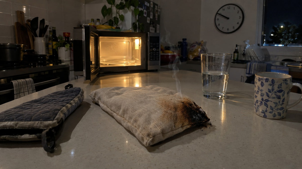 A wheat bag with a scorched corner just out of the microwave