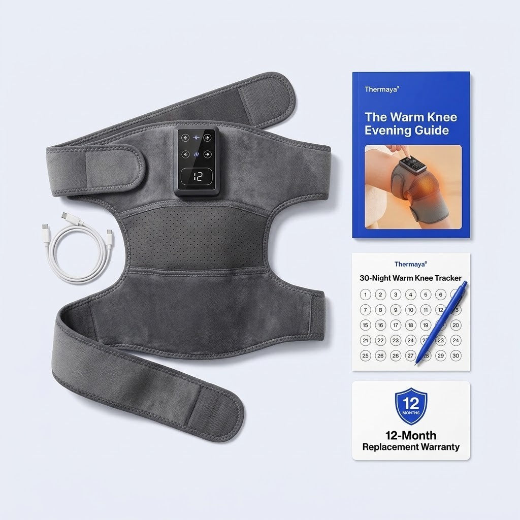 Thermaya° Knee with its USB-C cable and the three free launch gifts