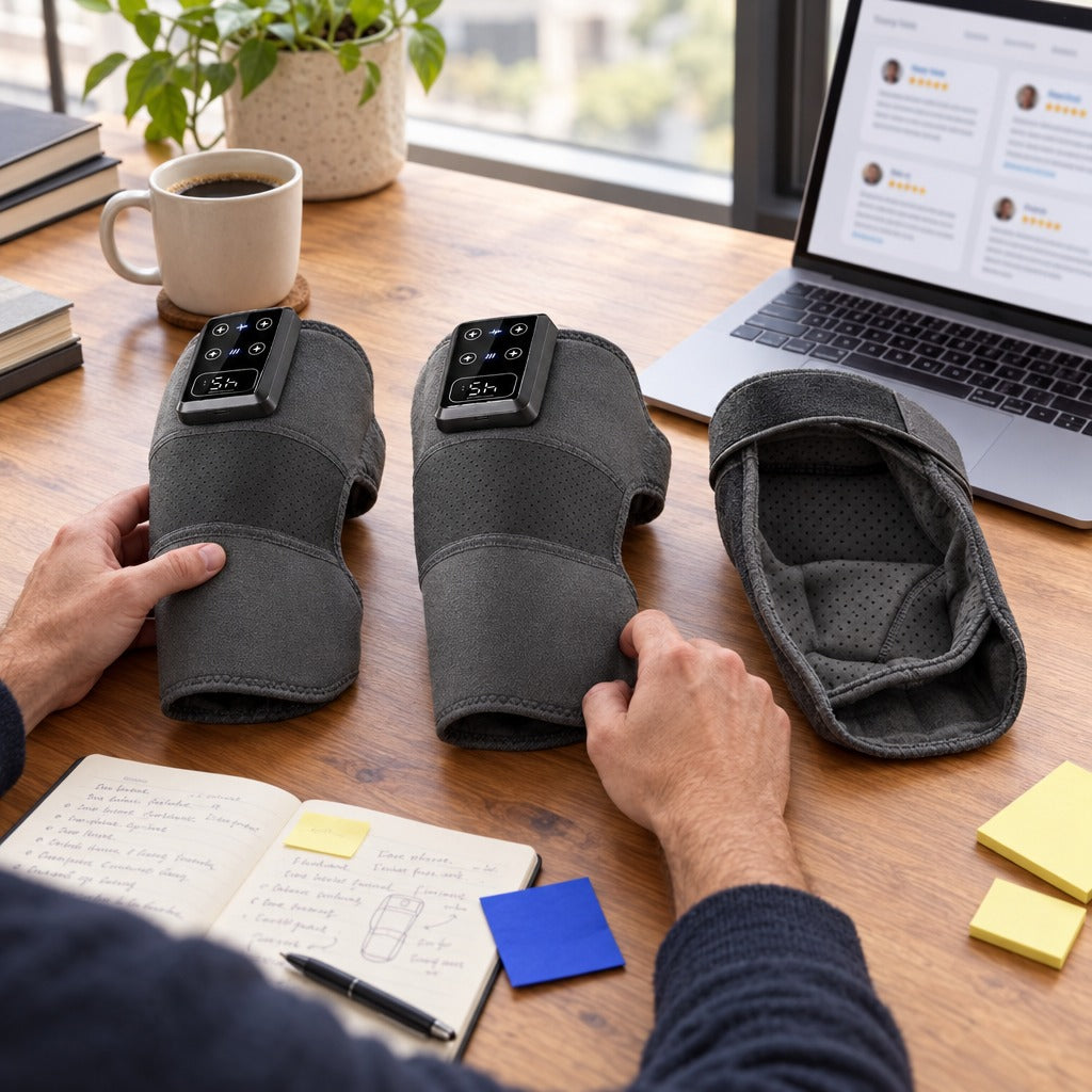 Comparing Thermaya° Knee samples at a desk with notes and customer reviews