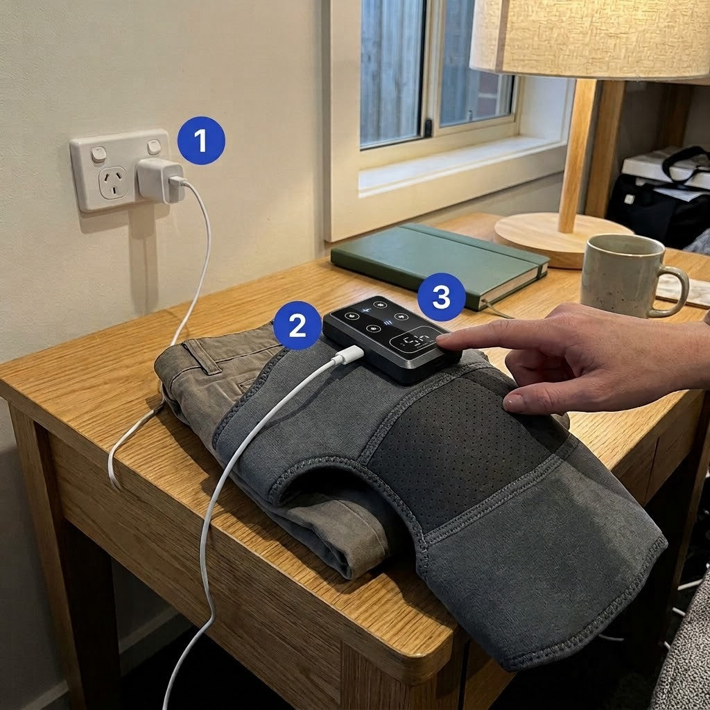 How it works: charge by USB-C, tap the panel, pick a level