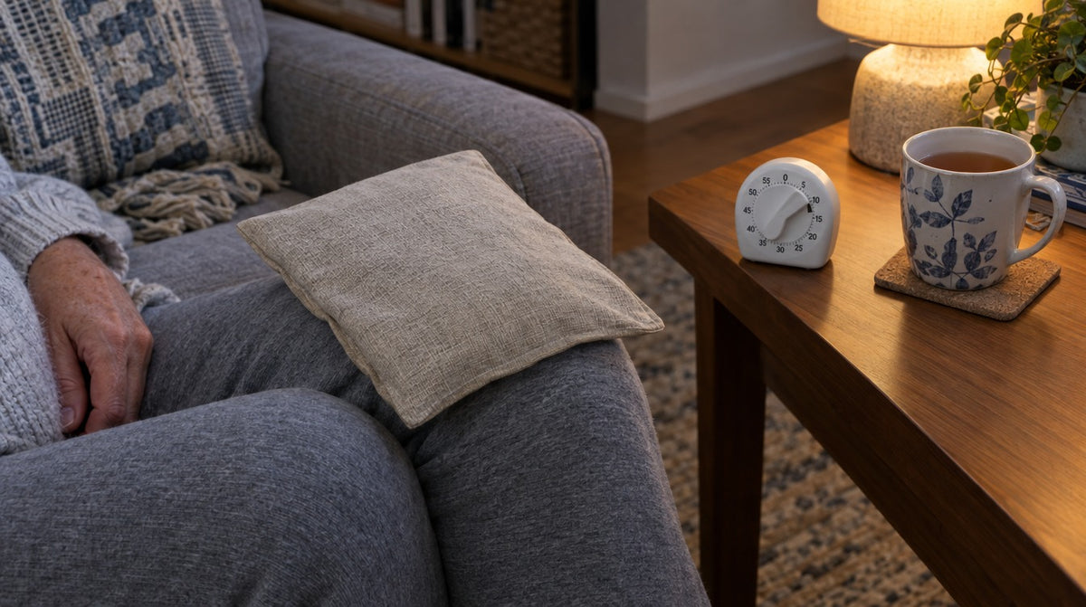 The 10-minute test: a wheat bag on a knee next to a kitchen timer