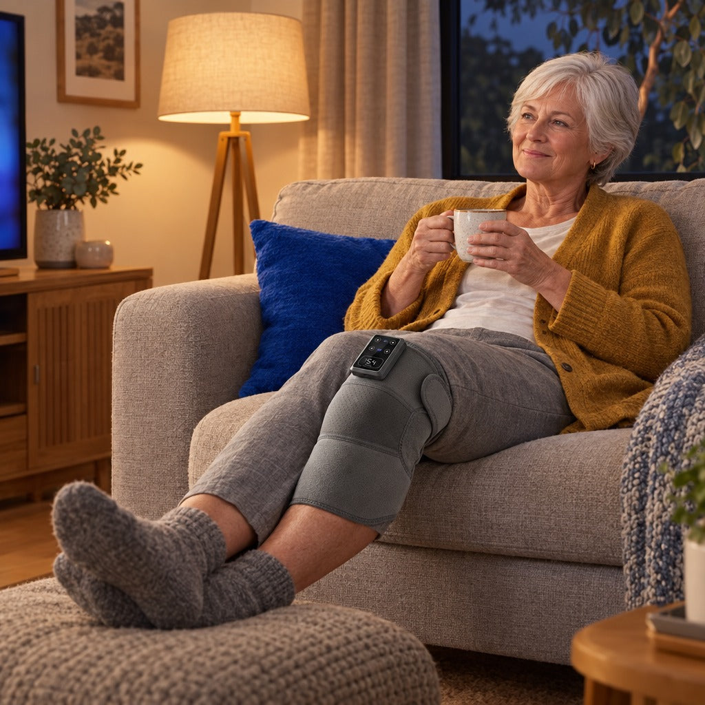Relaxing in the evening with the Thermaya° Knee on and a cup of tea