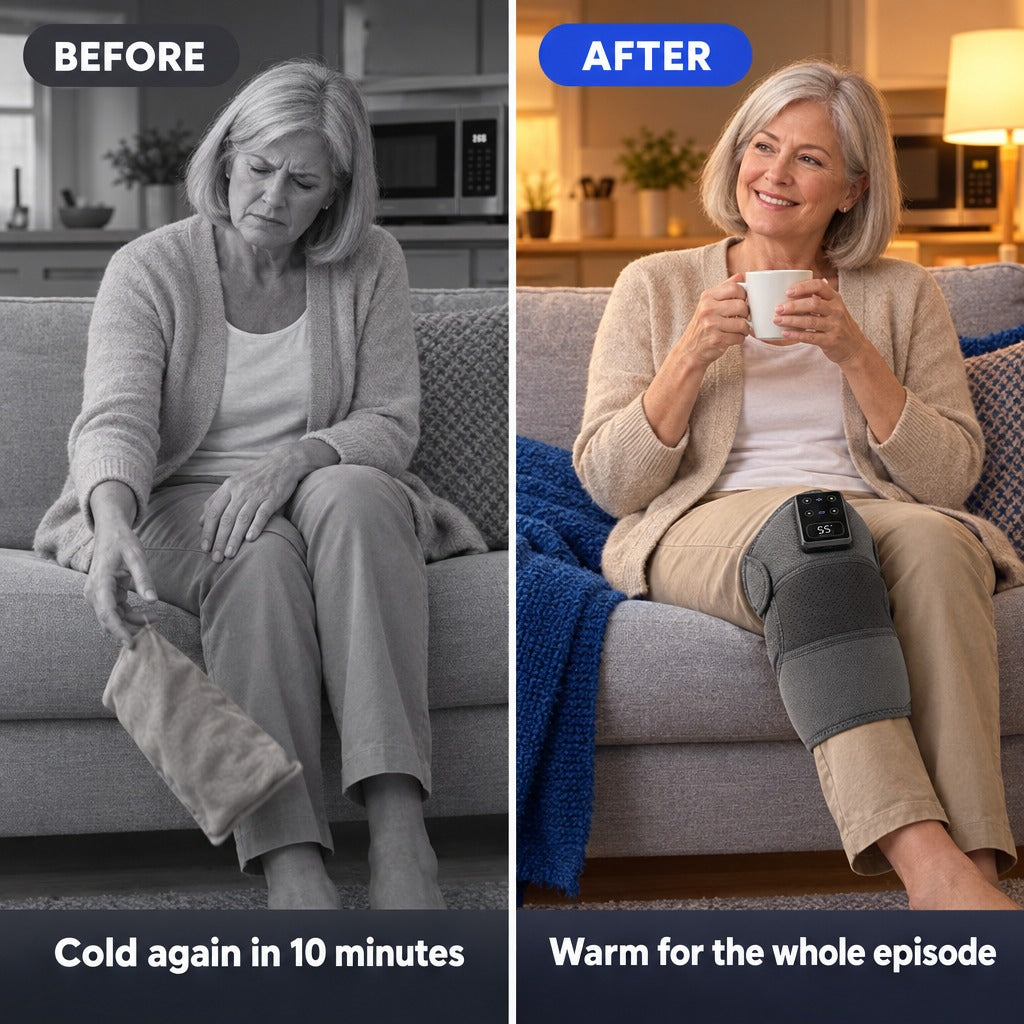 Before: a wheat bag cold again in 10 minutes. After: warm for the whole episode with the Thermaya° Knee