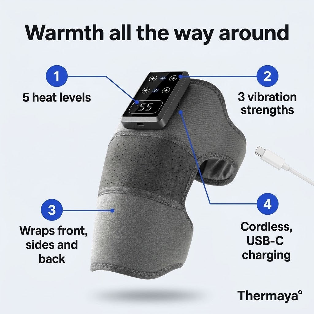 Thermaya° Knee — feature callouts: 5 heat levels, 3 vibration strengths, wraps front, sides and back, cordless USB-C charging